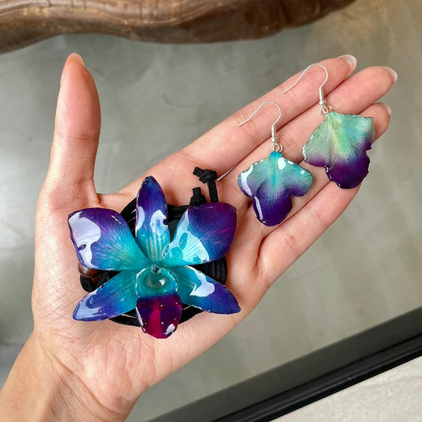 Blue Hybrid Dendrobium Star Orchid Necklace Set