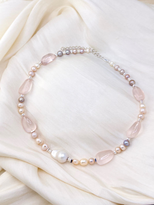 Iridescent Pearl & Rose Quartz Necklace