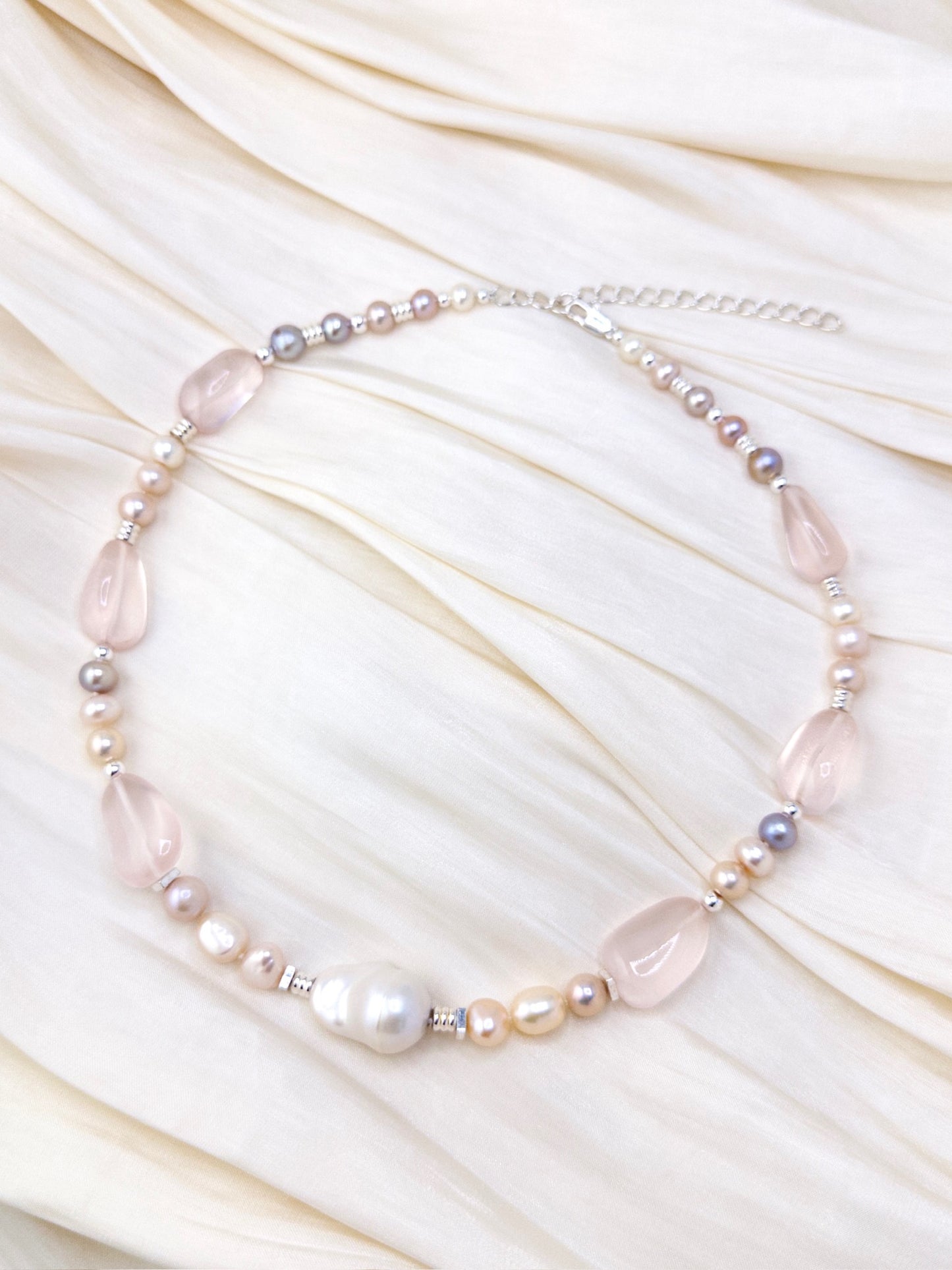 Iridescent Pearl & Rose Quartz Necklace