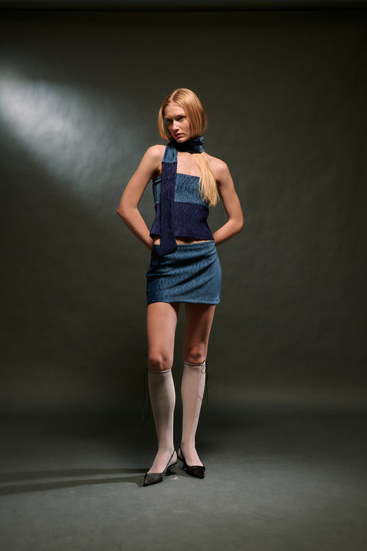 Velvet Mini Skirt - Navy/Blue