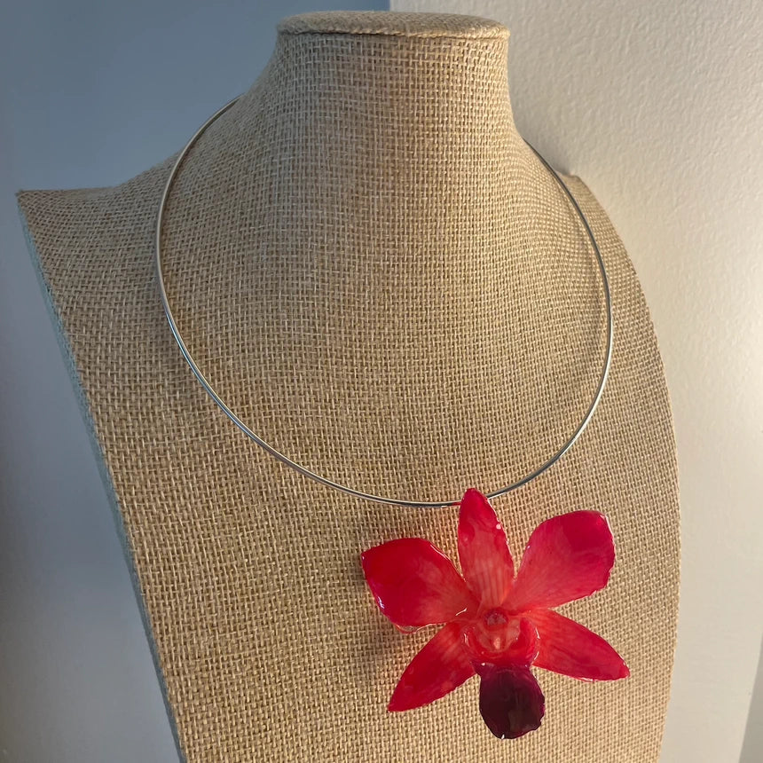 Silver Ring Necklace (Red & Pink Dendrobium Charm)
