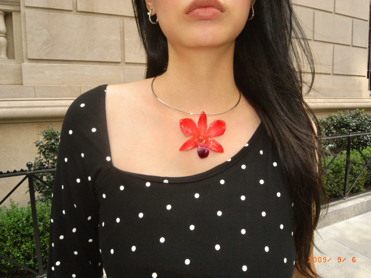 Silver Ring Necklace (Red & Pink Dendrobium Charm)