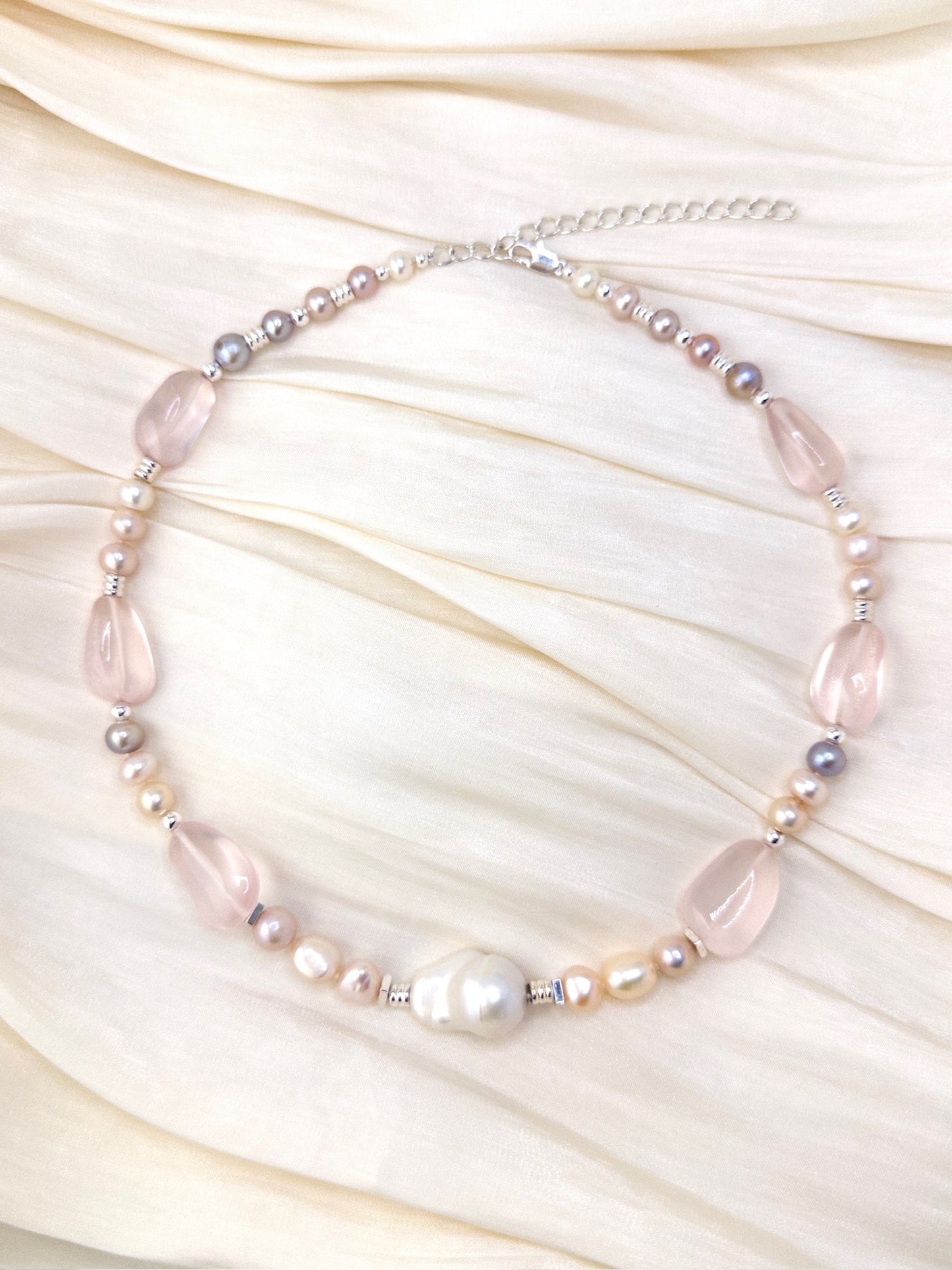 Iridescent Pearl & Rose Quartz Necklace