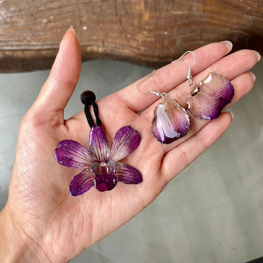 Mini Purple Dendrobium Star Orchid Necklace Set