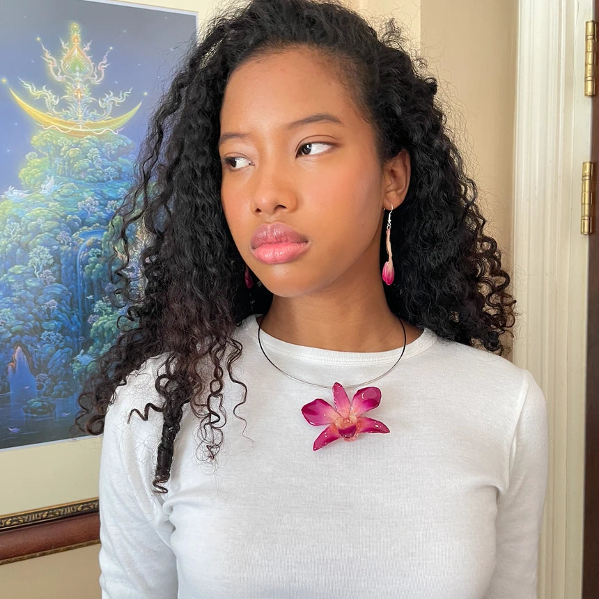 Silver Ring Necklace (Red & Pink Dendrobium Charm)