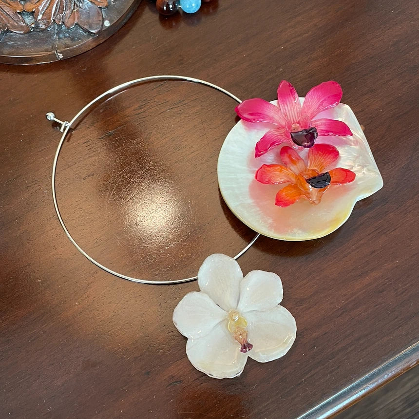 Silver Ring Necklace (White Vanda Charm)