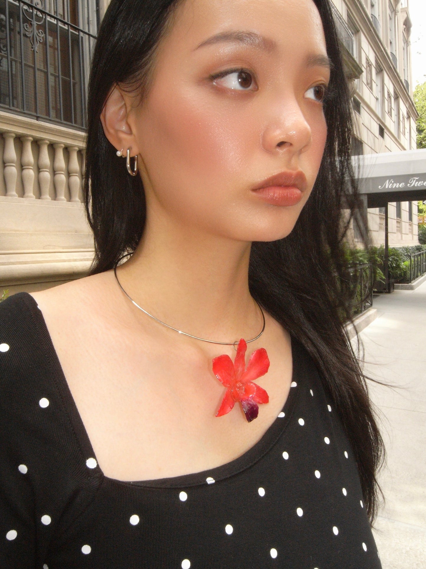 Silver Ring Necklace (Red & Pink Dendrobium Charm)