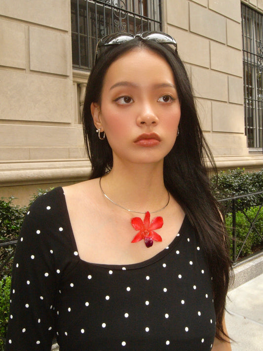 Silver Ring Necklace (Red & Pink Dendrobium Charm)