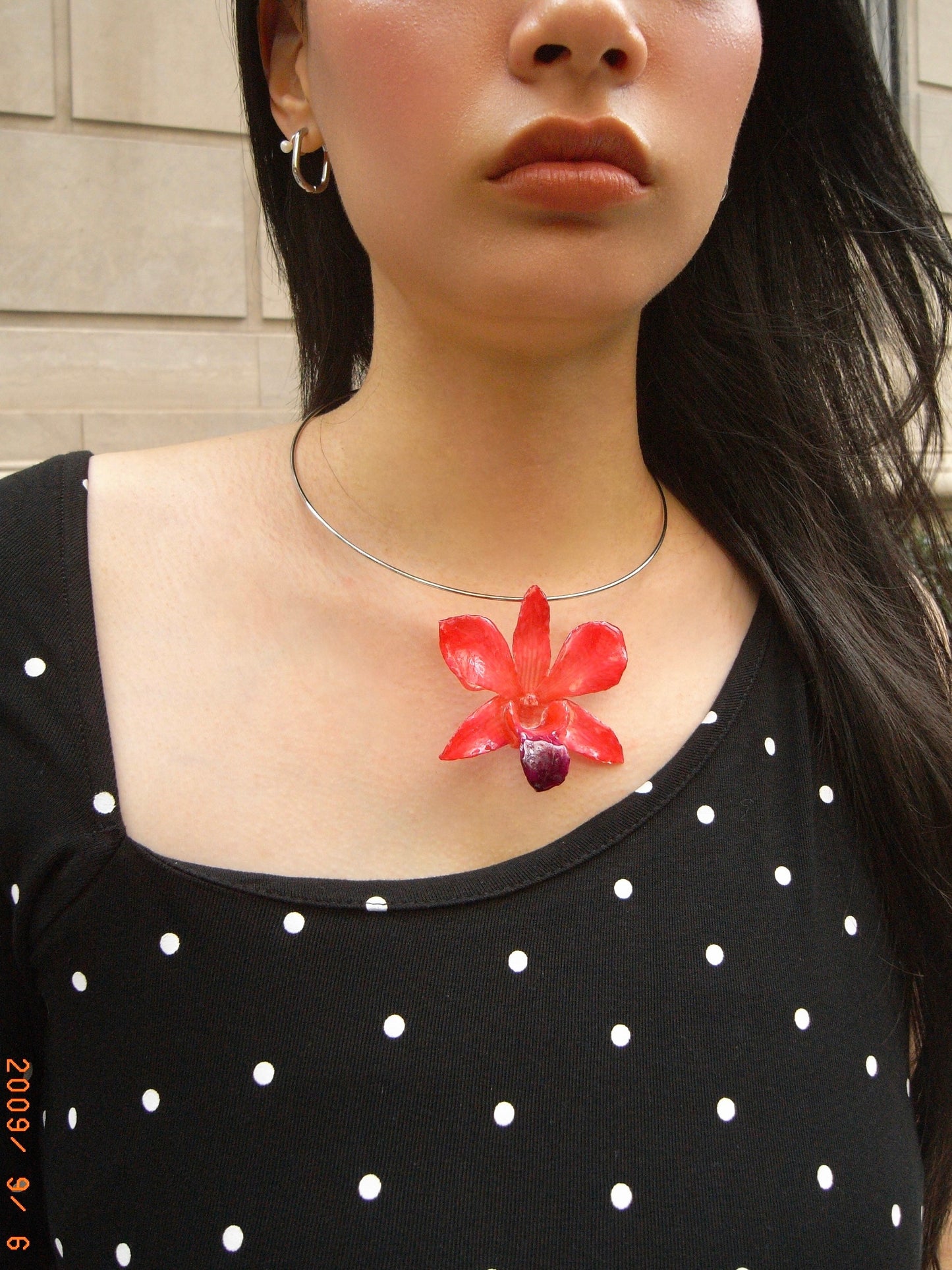 Silver Ring Necklace (Red & Pink Dendrobium Charm)